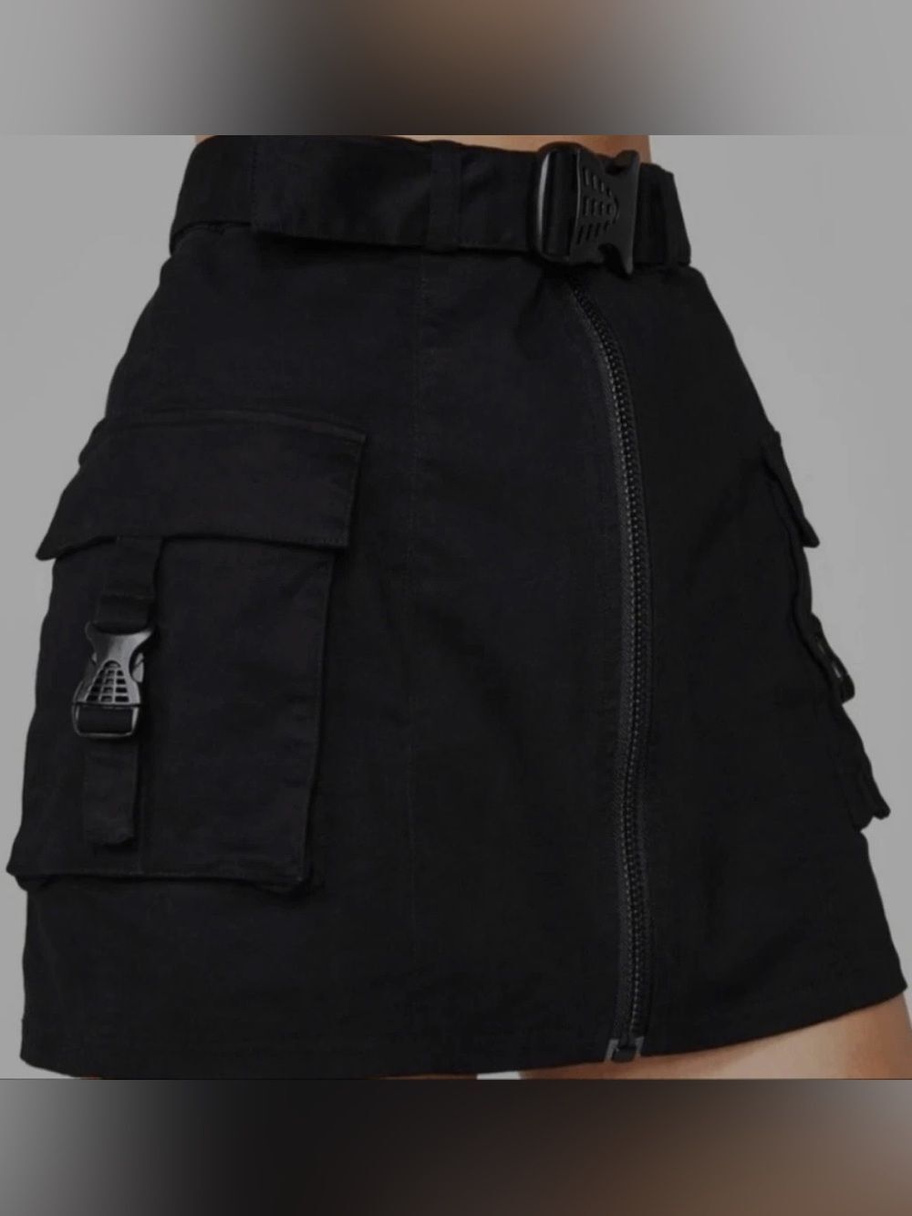 POSTER GIRL Black Utility Mini Skirt with Front Zip and Buckle
